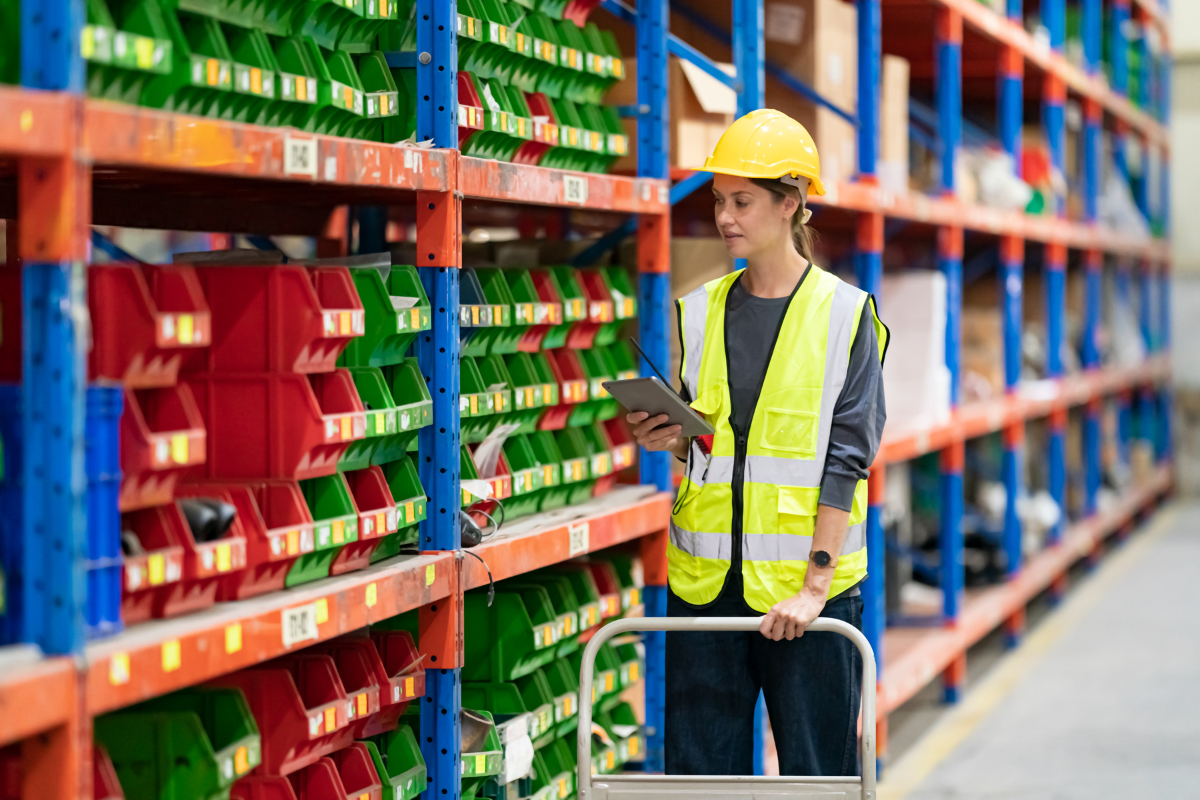 Woman worker pushing utility cart in warehouse