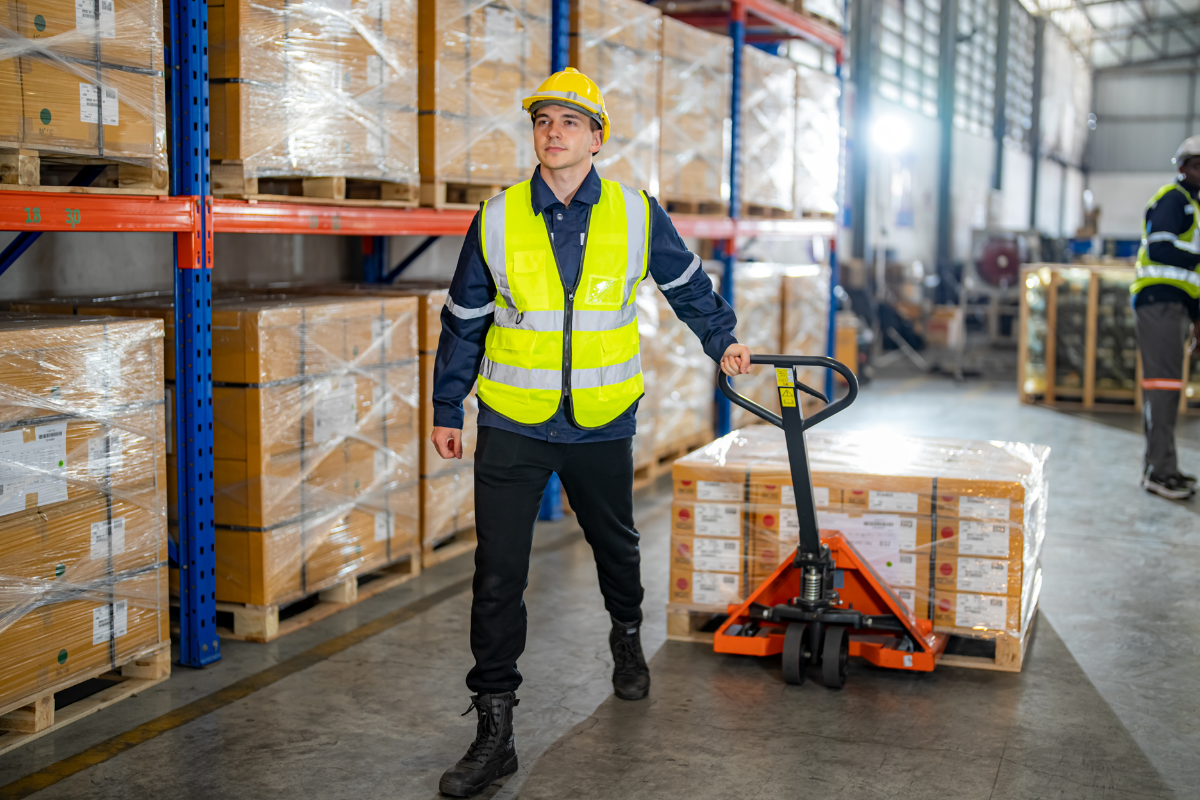 Warehouse worker pulling pallets