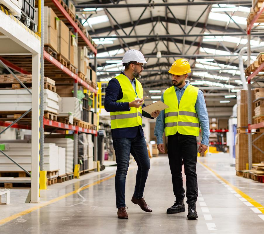 Two workers discussing over a clipboard in warehouse