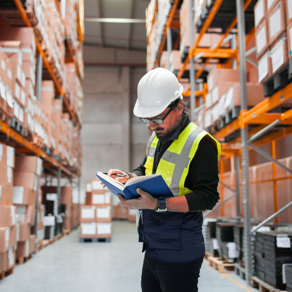 Worker reviewing fluctuations in warehouse