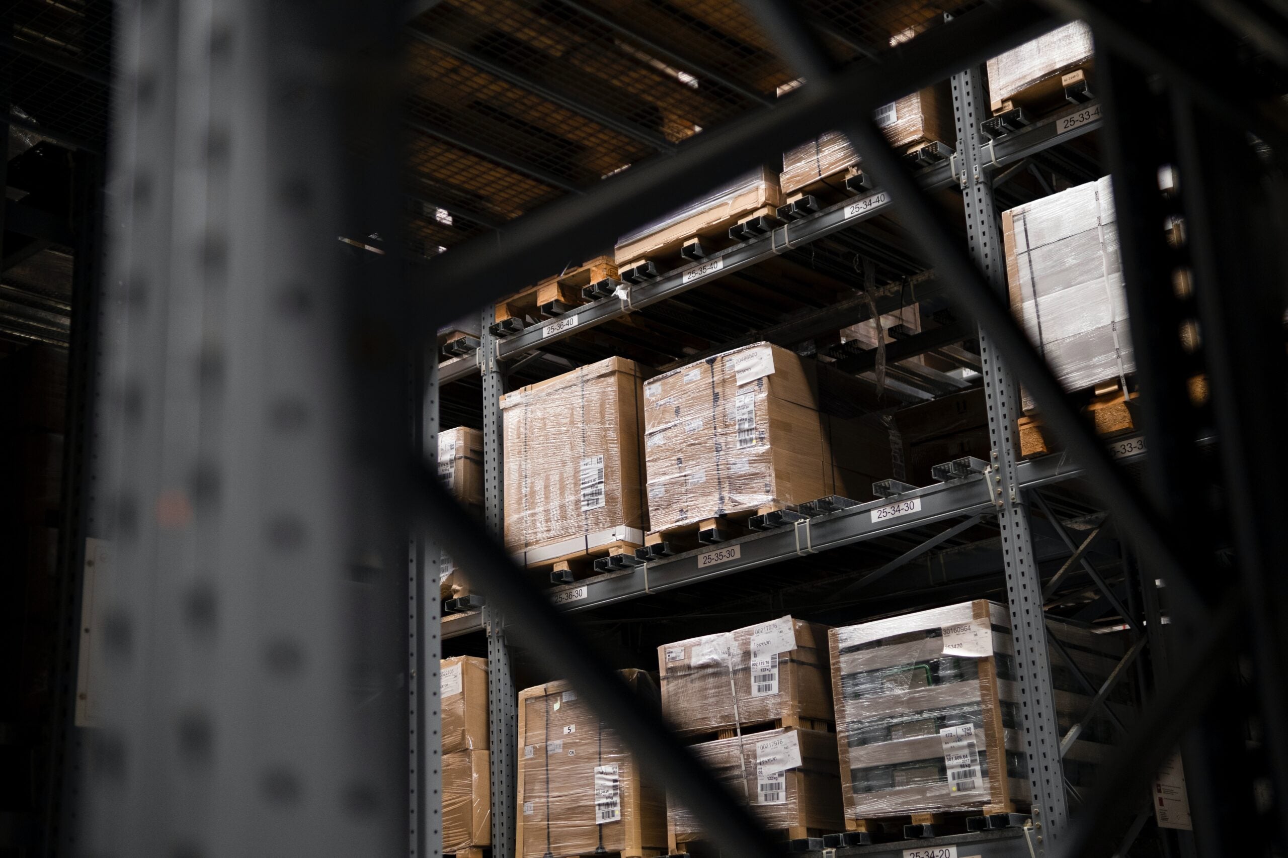 boxes stacked on racking in warehouse