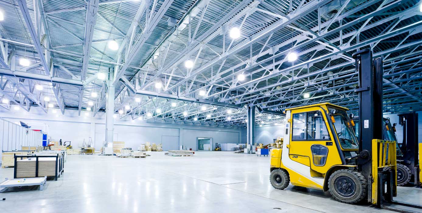 forklift in large warehouse