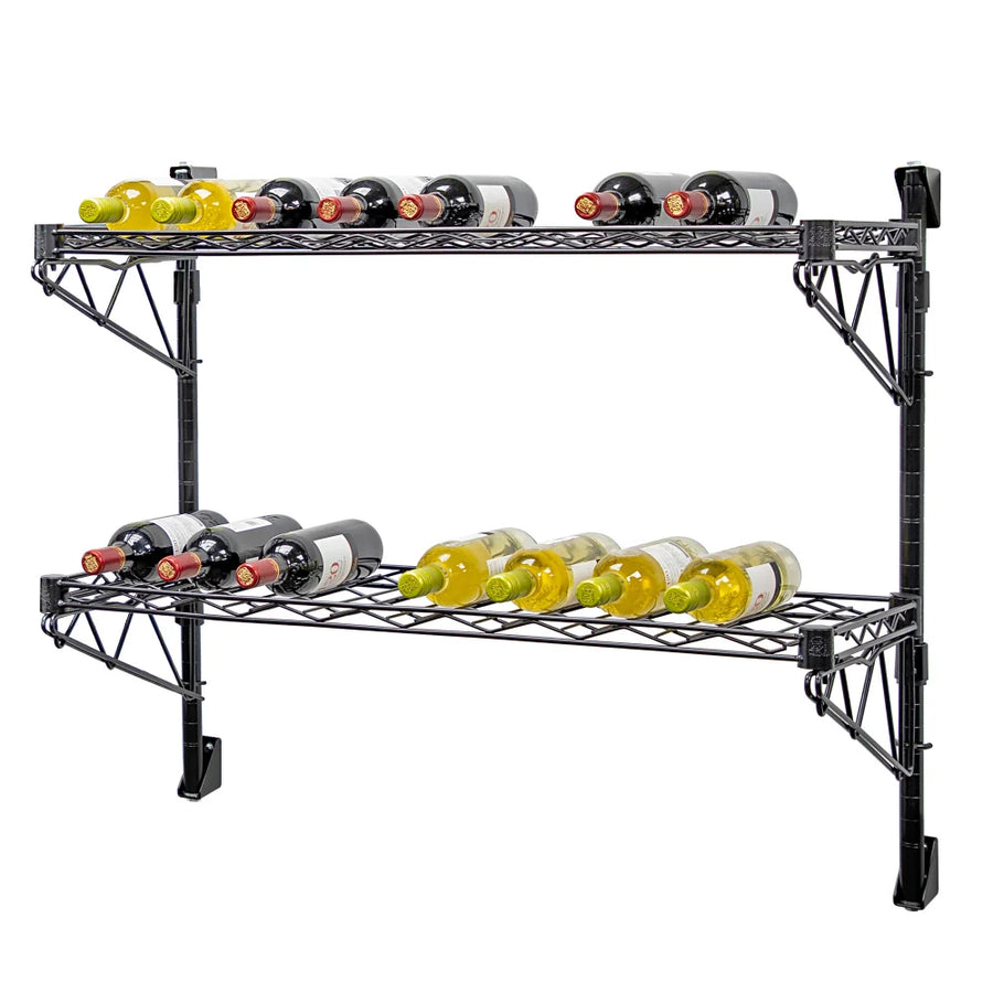 14"d Black Single Wall Mounted Wine Racks w/ 2 Shelves