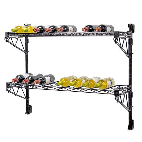 14"d Black Single Wall Mounted Wine Racks w/ 2 Shelves