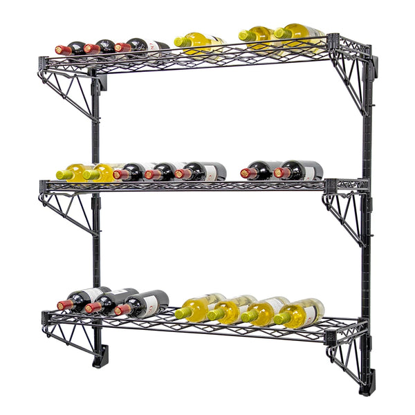 14"d Black Single Wall Mounted Wine Racks w/ 3 Shelves