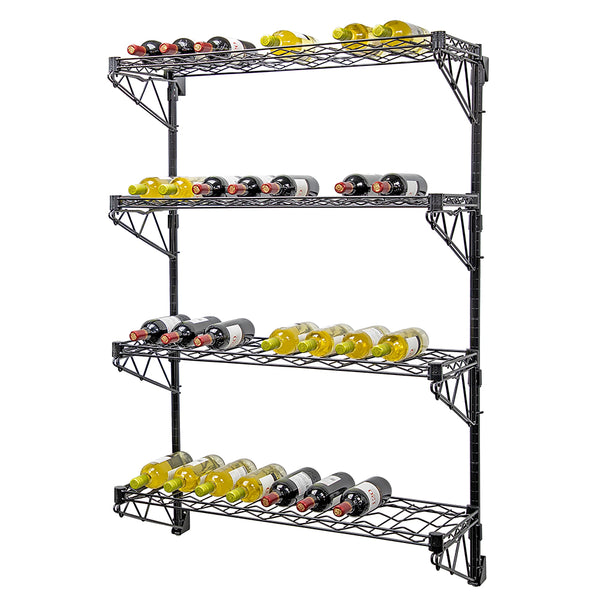 14"d Black Single Wall Mounted Wine Racks w/ 4 Shelves