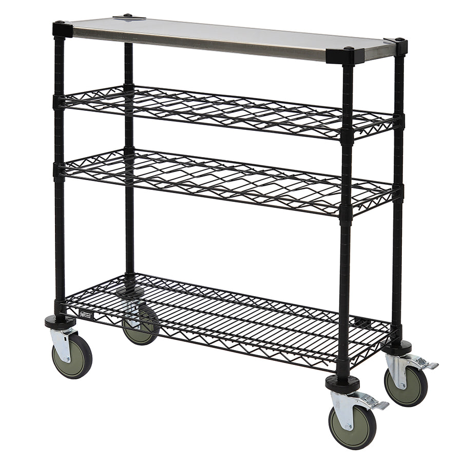 14"d Black Wine Wire Shelving Carts w/ Stainless Steel Top