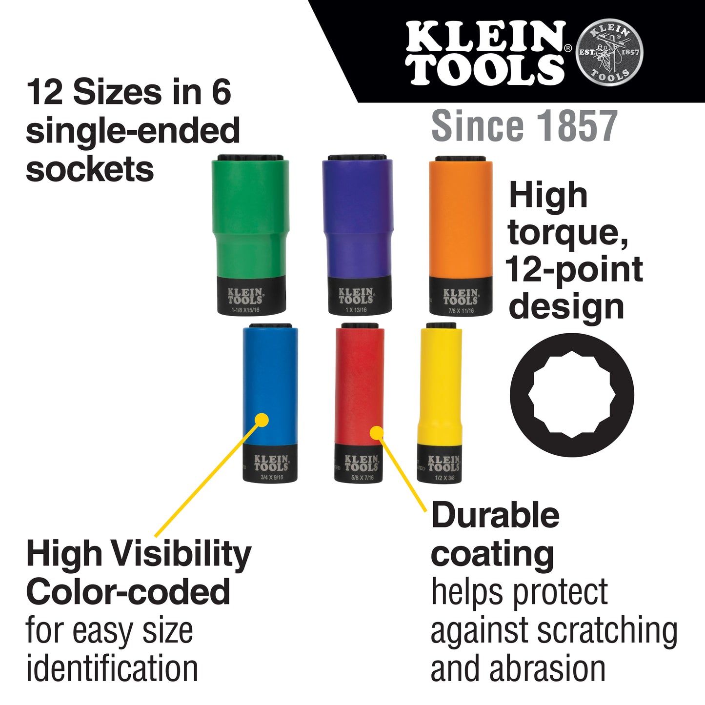 Klein 66033 Coated Socket Set, 12-Point, 6-Piece