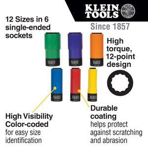 Klein 66033 Coated Socket Set, 12-Point, 6-Piece