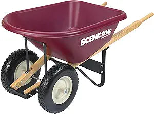 Dual-Wheel 6 Cu Ft Wheelbarrow with 16" Flat Free Knobby Tires, XHD High Density Polyethylene Tray, Structural Steel Frame, for Gardening, Landscapers, Contractors and Farm, Maroon