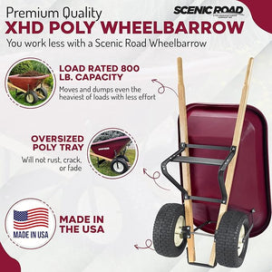 Dual-Wheel 6 Cu Ft Wheelbarrow with 16" Flat Free Knobby Tires, XHD High Density Polyethylene Tray, Structural Steel Frame, for Gardening, Landscapers, Contractors and Farm, Maroon