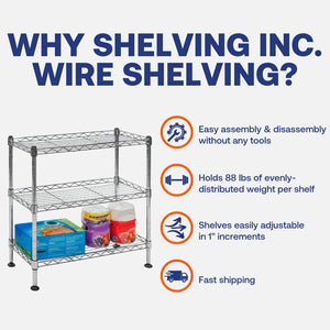 Standard Duty 8"d x 18"w x 18"h 3-Tier Chrome Wire Shelving