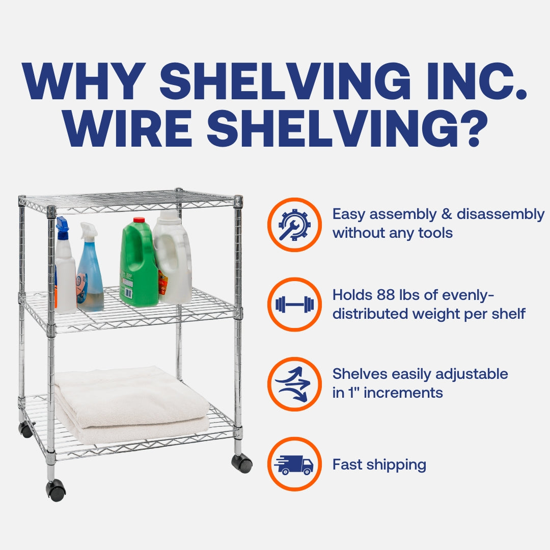 Standard Duty 14"d x 24"w x 32"h 3-Tier Chrome Mobile Wire Shelving