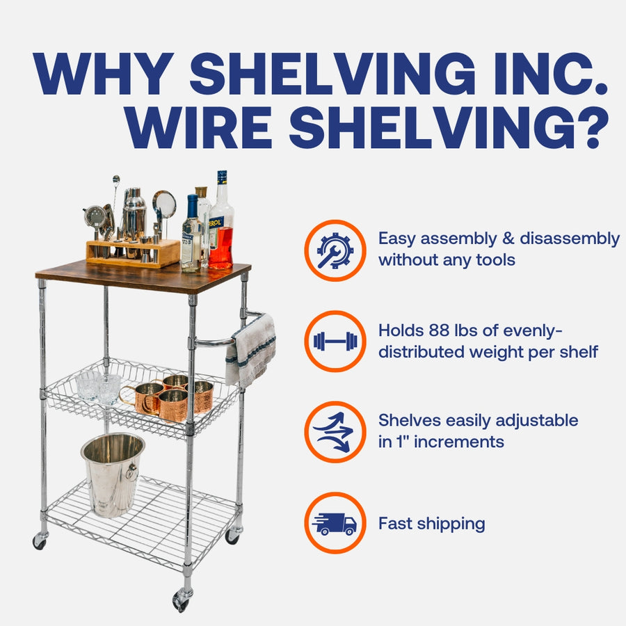 Standard Duty 14"d x 24"w x 36"h 3-Tier Chrome Wire Shelving Cart