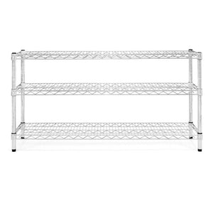 Chrome wire shelving unit with three shelves.