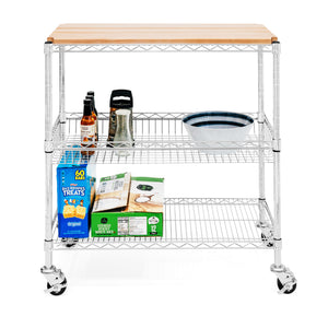 Mobile Kitchen Island, with hardwood top shelf, basket shelf holding various cooking utensils and sauces, and flat shelf holding food boxes. Four wheel cart.