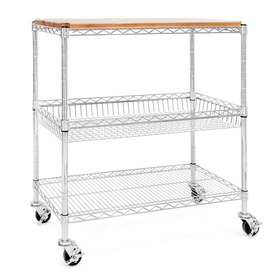 Mobile Kitchen Island made of wire shelving, with hardwood insert on top shelf, basket shelf, and flat shelf on four wheel cart.