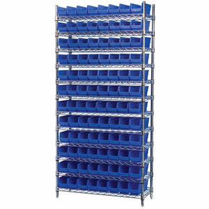 4" Shelf Bin Wire Shelving System w/ Blue Bins