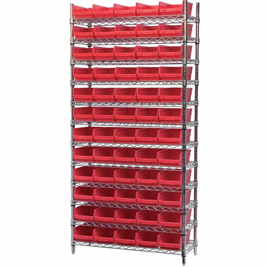 4" Shelf Bin Wire Shelving System w/ Red Bins