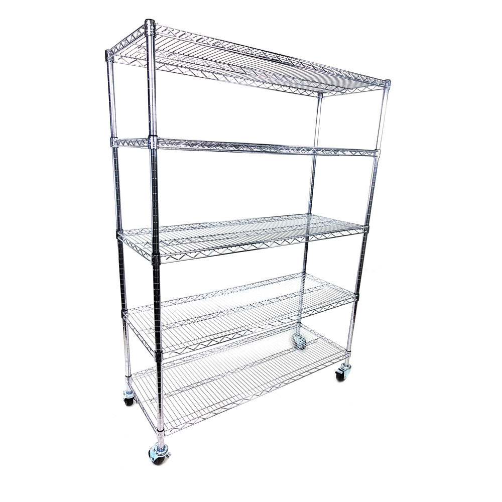 14"d x 48"w - 5-Shelf Chrome Wire Carts w/ 3" Casters